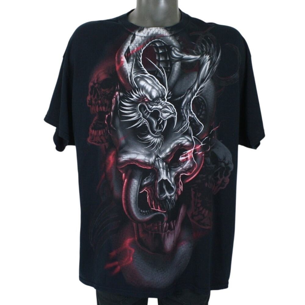 Vintage Y2K Goth Biker Skull Dragon Big Print Black Shirt XL 2000s emo skate